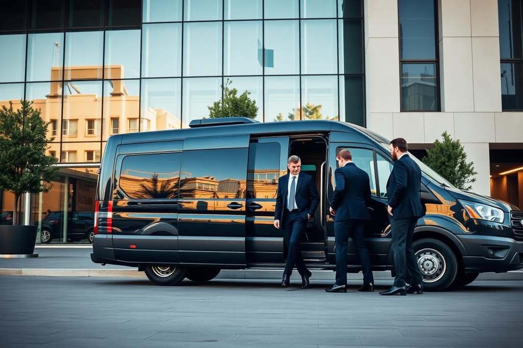 Poslovni ljudi ulaze u tamni putnički kombi ispred poslovne zgrade
